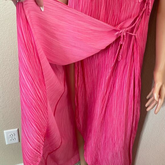 Pink dress true wrap lightweight crinkle cut V-neck waist tie SZ LG Boho vibrant - Picture 5 of 9